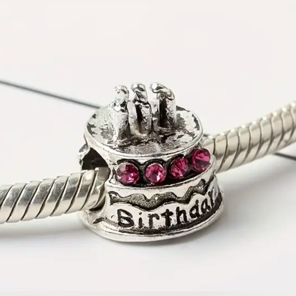 Silver & Pink Birthday Cake "Birthday" Charm For Pandora Braclets - Picture 2 of 7